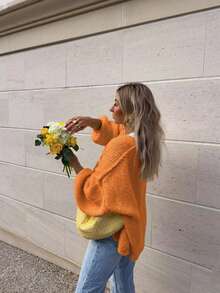 Vibrant Loose Drop Shoulder Design Casual Knit Cardigan, Energetic Style For Women, Autumn/Winter - Orange - View 3