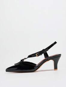 女士夏季新款尖头后跟细跟T字带时尚搭扣优雅日常高跟凉鞋 - 黑色 - 查看 8