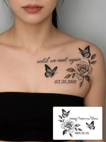 1pc Fashionable Waterproof Realistic Rose & Butterfly Temporary Tattoo, Lasting 2-3 Days, Suitable For People, Featuring "Until We Meet Again" Phrase