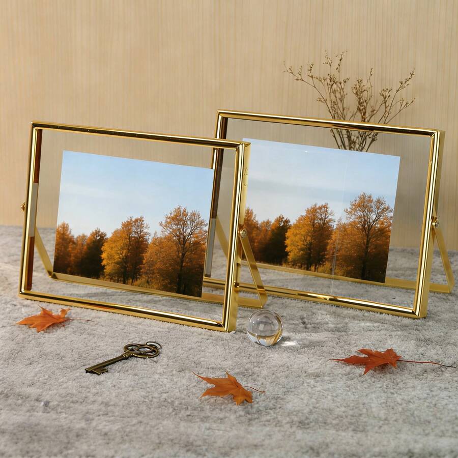 Suporte para porta-retratos em metal dourado, cor "Luz Quente do Sol de Outono", disponível nos tamanhos 4*6, 5*7, 6*8 e 8*10 polegadas, com vidro transparente. Decoração de mesa em estilo nórdico.