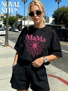 HypeHer Best Selling 2026 2 Piece Set Outfits Women's Casual Sports Street Style Retro College Round Neck Short-Sleeved Tee With MaMa Florals Prints + Ultra-Short Shorts Sports Sweater Suit Ultra-Loose Suit Women's Two Pieces Suit Women Short Sets Comfortable Two Pieces Set 2 Pieces Short Sets - 黑色 - 查看 1