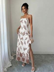 Sedessea Women's Leaf Print Split Design Casual Party Dress Summer Elegant - Multicolor - View 4