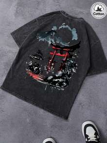 Plusstorlek herr sommart-shirt med japanskt Torii-portsmönster, kortärmad, tvättad - Svart - Visa 1