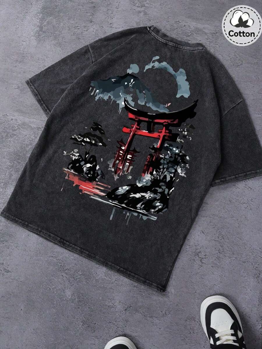 Plusstorlek herr sommart-shirt med japanskt Torii-portsmönster, kortärmad, tvättad - Svart - Visa 1