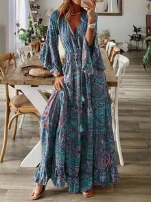 Bohemian-Style Women's Maxi Dress - Floral Print, V-Neck, High-Waist, Flared Sleeves (Vacation Style) - 藍色 - 查看 4