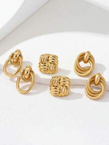 3 Pairs/Set Fashionable Minimalist Delicate Gold Metal Geometric Earring Set, Suitable For Casual, Vacation, Date, Party And Event Wear, Summer Beach Holiday Earring Set - Gold - View 1