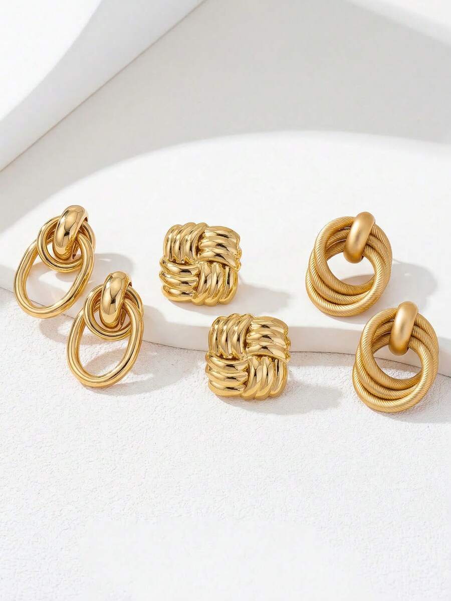 3 Pairs/Set Fashionable Minimalist Delicate Gold Metal Geometric Earring Set, Suitable For Casual, Vacation, Date, Party And Event Wear, Summer Beach Holiday Earring Set - Gold - View 1
