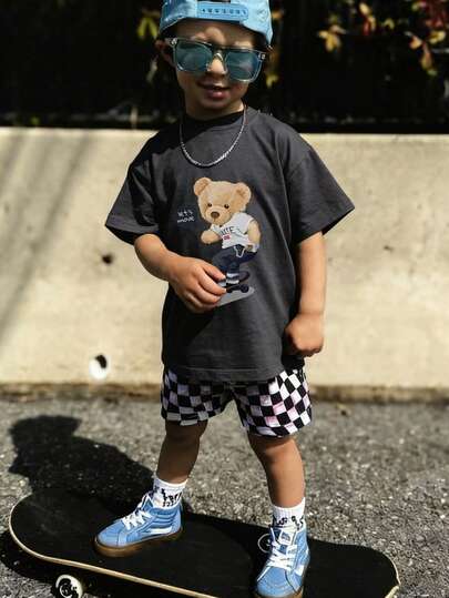 1pc Young BoySkateboard & Bear Print Short Sleeve T-Shirt, Summer Top For Young Boys Ready To Play