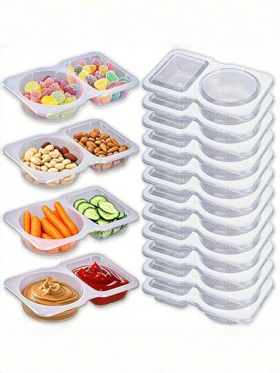 20pcs Portable Double Compartment Condiment Containers - Reusable Plastic Sauce And Dip Cups For Travel, Snacks And Meal Prep (Transparent), Double Compartment Containers Suitable For Dipping Bowls