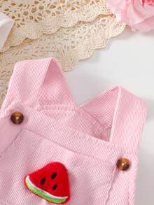 3pcs/Set Baby Girls' Casual Daily Cute White Crew Neck Knit Romper, Pink Watermelon Pocket Bodysuit, And Pink Bow Headband Set, Suitable For Spring, Summer, Autumn - Pink - View 9