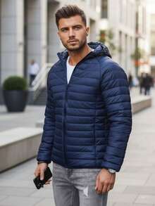 Men's Transitional Season Quilted Jacket, Hooded, Zip-Up Closure, Lightweight And Short, With Elastic Cuffs And Hem, And Features Internal And External Pockets And An Adjustable Hood. - Navy Blue - View 2