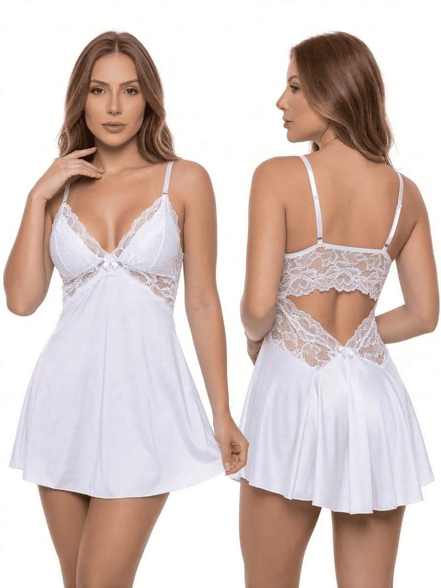 Sexy Women's Camisole With Microfiber Lace Details, Open Back And Ties, Comfortable - trắng - Xem 1