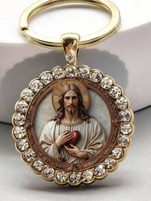 1pc Jesus Christ Pattern Round Keychain, Suitable For Men And Women, Fashion Gift For Christmas, Thanksgiving, Graduation, Birthday, Family And Friends Anniversary, Holiday - Gold - View 2