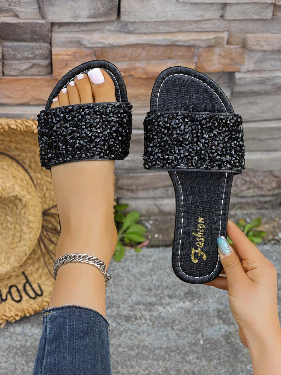 Sandal bệt nữ, giày mùa hè quai đính pha lê, giày bệt da gót thấp mũi tròn, dép mule hở ngón thoải mái, màu nâu casual, màu xanh du lịch thanh lịch - màu đen - Xem 1