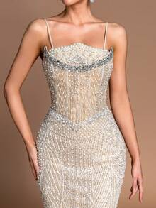 优雅闪亮手工串珠美人鱼晚礼服 - 性感吊带薄纱舞会婚纱 - 香檳色 - 查看 4