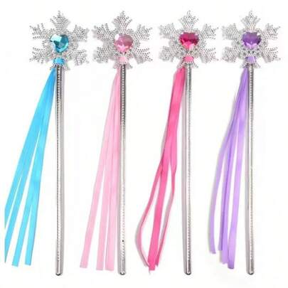 4支雪花魔杖，配蓝色丝带和闪亮水钻装饰，优雅风格，适合万圣节、圣诞节、主题派对等场合的服装配饰 - 耐用的雪花设计，适合角色扮演和特定活动，万圣节服装、派对魔杖、闪光装饰、水钻装饰、角色扮演道具、摄影道具、角色扮演爱好者