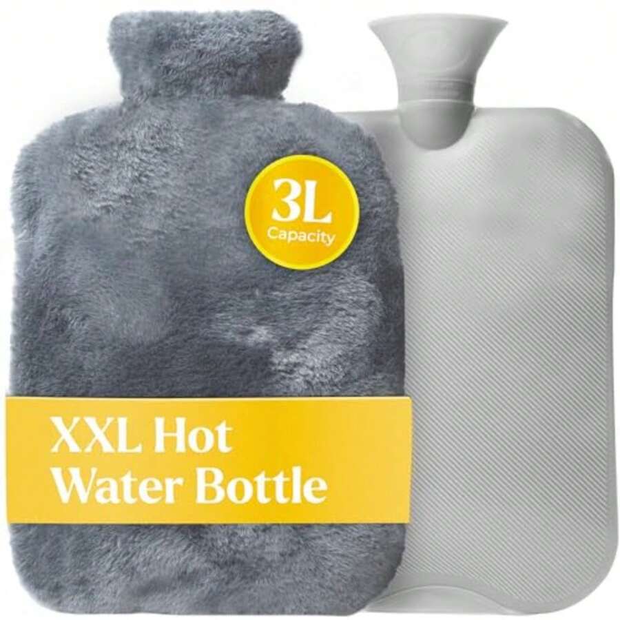 XXL Large Hot Water Bottle With Faux Fur Cover Cozy 3L Hot Water Bottle For Bed Warming Pain Relief Cramps And Back Pain Durable And Long-Lasting Water Hot Bottle For Sleeping Green - Grey - View 1