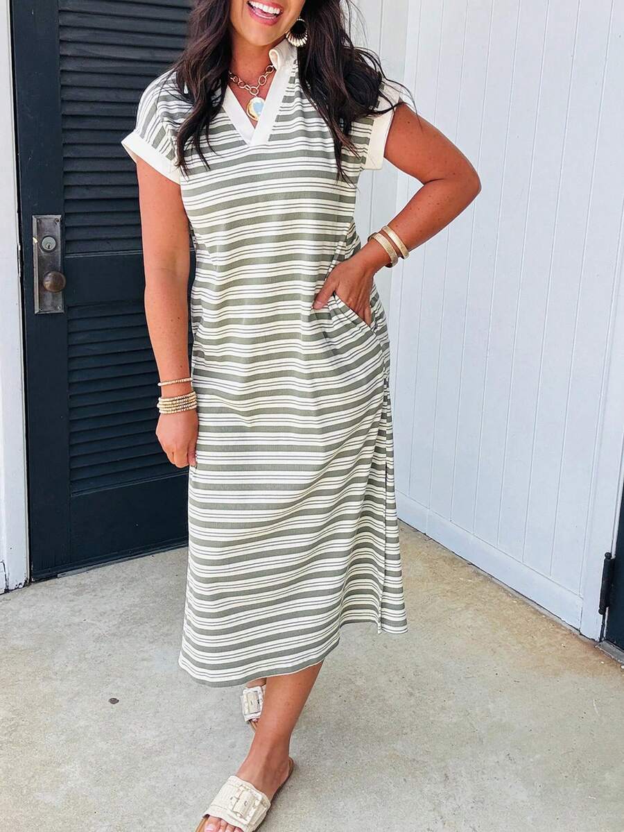 Acelitt 绿色条纹V领短袖T恤中长连衣裙，带口袋 - 綠色 - 查看 1