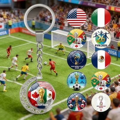  1个2026年FIFA世界杯旋转钥匙扣，采用优质合金和亚克力材质，做工精细，双面高清印刷世界杯元素，旋转设计趣味新颖。