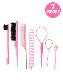 7pcs Set Twist Tail Comb, High Pressure Spray Bottle, 4pcs French Braid Tools, 2pcs Rat Tail Comb, 1pc Teasing Comb, 1pc Styling Comb, Convenient Travel Hair Accessories - Multicolor - View 6