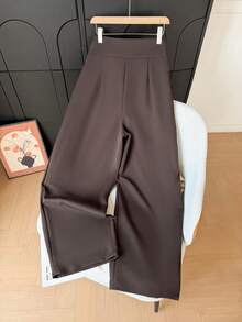 Pantalones casuales y elegantes de mujer, de unicolor, con botones, cremallera y pliegues, de color marrón, versátiles para la oficina, para primavera/verano - Marrón - Ver 8