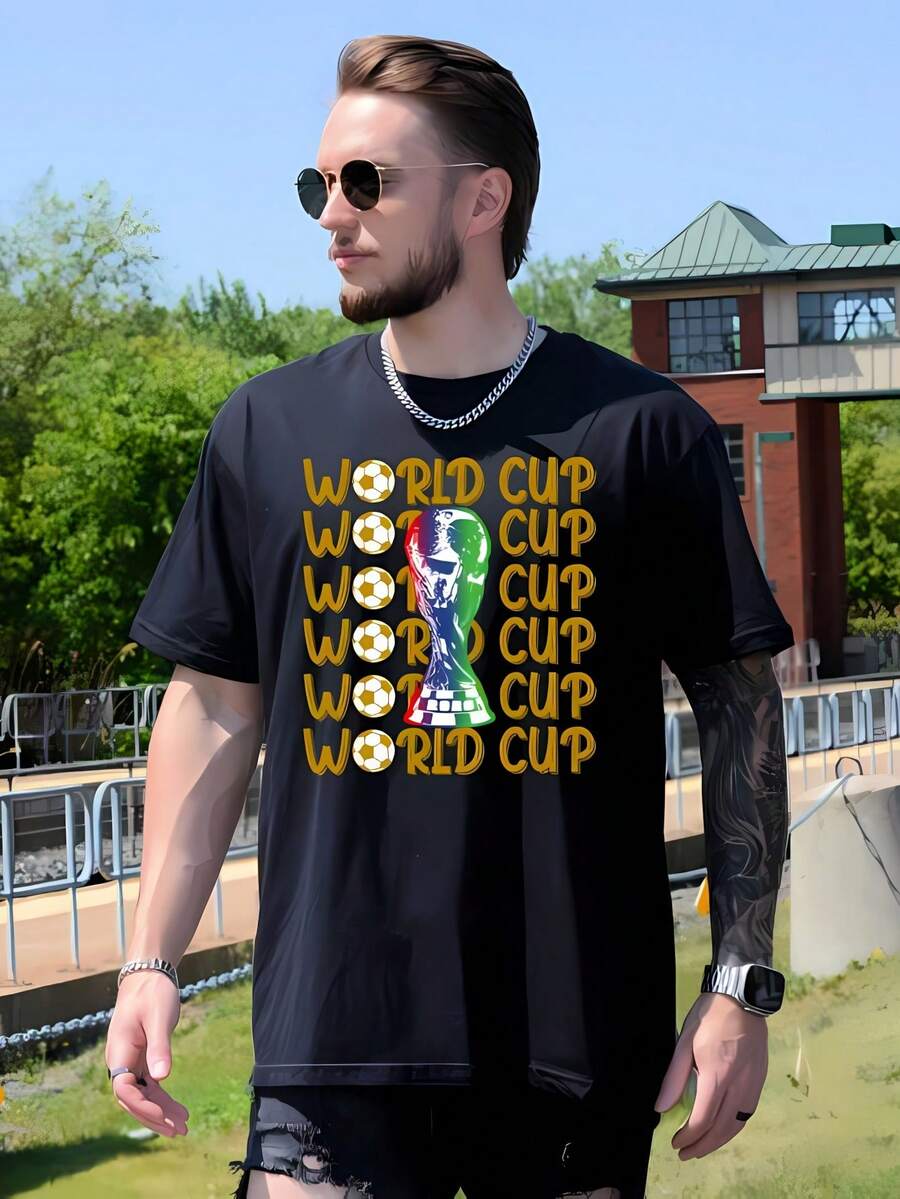 World Cup 2026 T-Shirt Repeated Text & Gradient Trophy Graphic Fan Tee Casual Short Sleeve, Fashionable,, Eye-Catching, And Cool, Ideal For Fans' Support, Casual Attire, Outings, And Watching Games, 1pc.T-Shirt 220G - 黑色 - 查看 1