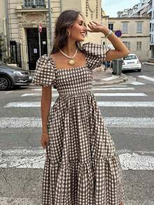 2026 Spring & Summer Women's Plaid Elegant Bohemian Casual Puff Sleeve Ruffle Hem Pleated Coffee Color Dress, Women's Concert Outfit, Street Style, Women's Valentine's Day Outfit - 咖啡 - 查看 3