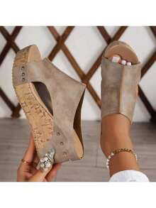 2025 New Summer European And American Style Comfortable Retro Wedge Heel Sandals, Open-Toe Hollow-Out Women'S Sandals - Grey - View 2