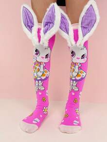 一双可爱的兔子主题过膝袜，带有3D兔子耳朵或小手装饰，适合女孩穿着。儿童袜子，趣味袜子，搞怪袜子。四季皆宜，适合各种场合，例如：疯狂日、派对、角色扮演、户外活动和日常穿着，也是一份很棒的礼物。 - 玫紅色 - 查看 6