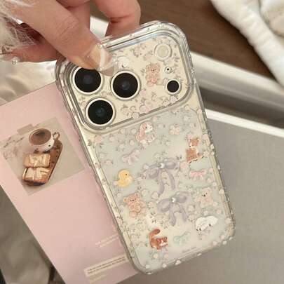 Funda de teléfono con diseño floral transparente y lindo moño + pedrería, adecuada para modelos 17 Pro Max, 16, con moño de perlas, adecuada para modelos 15, 13, 14, diseñada para niñas, con estilo creativo, geométrico, de arte, de dibujos animados, fresco, de nicho, estilo Ins