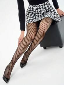 1双女士连裤袜，性感通勤百搭紧身裤，黑色几何条纹渔网袜 - 彩色 - 查看 2