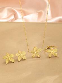 3pcs/Set Beautiful Fashion Popular Gold Stainless Steel Chain Five-Petal Flower Pendant Necklace Stud Earrings & Ring Set For Girls As Daily Wear Jewelry Accessory Gift Matching All Season - Gold - View 3