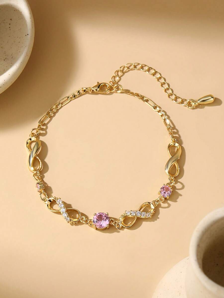 1pc Minimalist Cute Figure 8 Zirconia Bracelet - Gold Pink - 2 - View 1