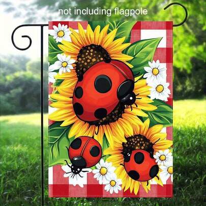 2D Flat - 2D Flat - Vibrant Garden Flag Featuring A Ladybug And Sunflowers In A 2D Print, Made From A Durable Blend With A Red Checkered Backdrop Adorned With White Daisies. Note That The Pole Is Not Included, Making It Ideal For Outdoor Decoration