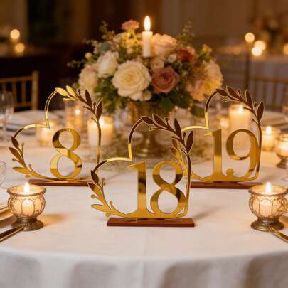 1/20 piezas Placa de número de mesa con forma de corazón hueco dorado de 10x10cm - Base reforzada + tarjeta de número insertable, decoración de mesa de comedor para bodas y fiestas, diseño de corazón doble romántico, tarjeta de mesa de boda de lujo, material acrílico, sin montaje requerido, adecuado para bodas, aniversarios y otras decoraciones temáticas de mesa de comedor