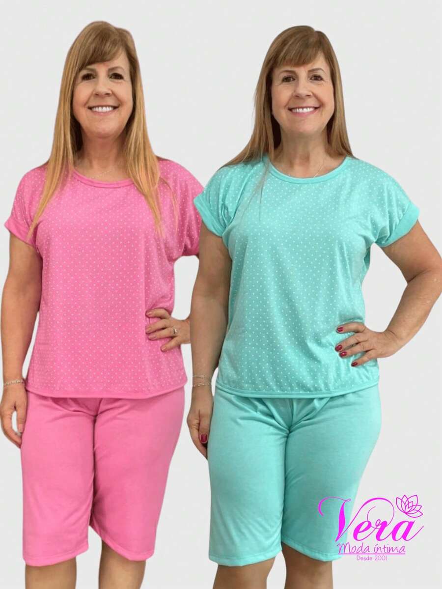Kit 2 Pijama Pescador Conjunto Feminino de Dormir  Manga Curta Malha até o Joelho Capri Linha Noite