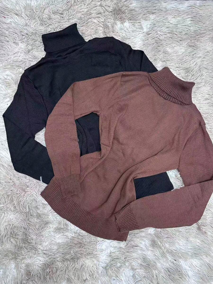 Kit2 Women's High Neck Blouse Long Sleeve Basic Knitted Cacharreu Plain Sueter - 咖啡棕 - 查看 1