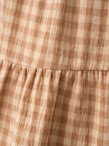 Women's DUNA Plaid Midi Dress With Shirt Collar And Bishop Sleeves, Casual, With Buttons, Asymmetrical Hem, Summer And Beach. - 焦糖格子 - 查看 3