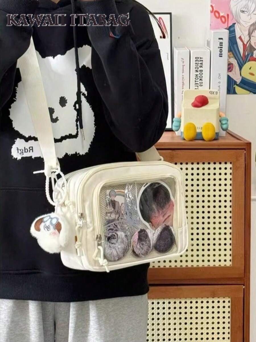 日系可爱学院风斜挎包 女款 透明夏季小号 双拉链口袋钱包 手提包 带徽章展示牌 单肩包 女款 - 白色 - 查看 1