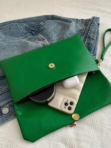 Elegant French Style Solid Color Minimalist Retro Women's Clutch Bag, With Metal Oval Buckle And Tassel Decor, Suitable For Evening, Party And Other Occasions - Green - View 7