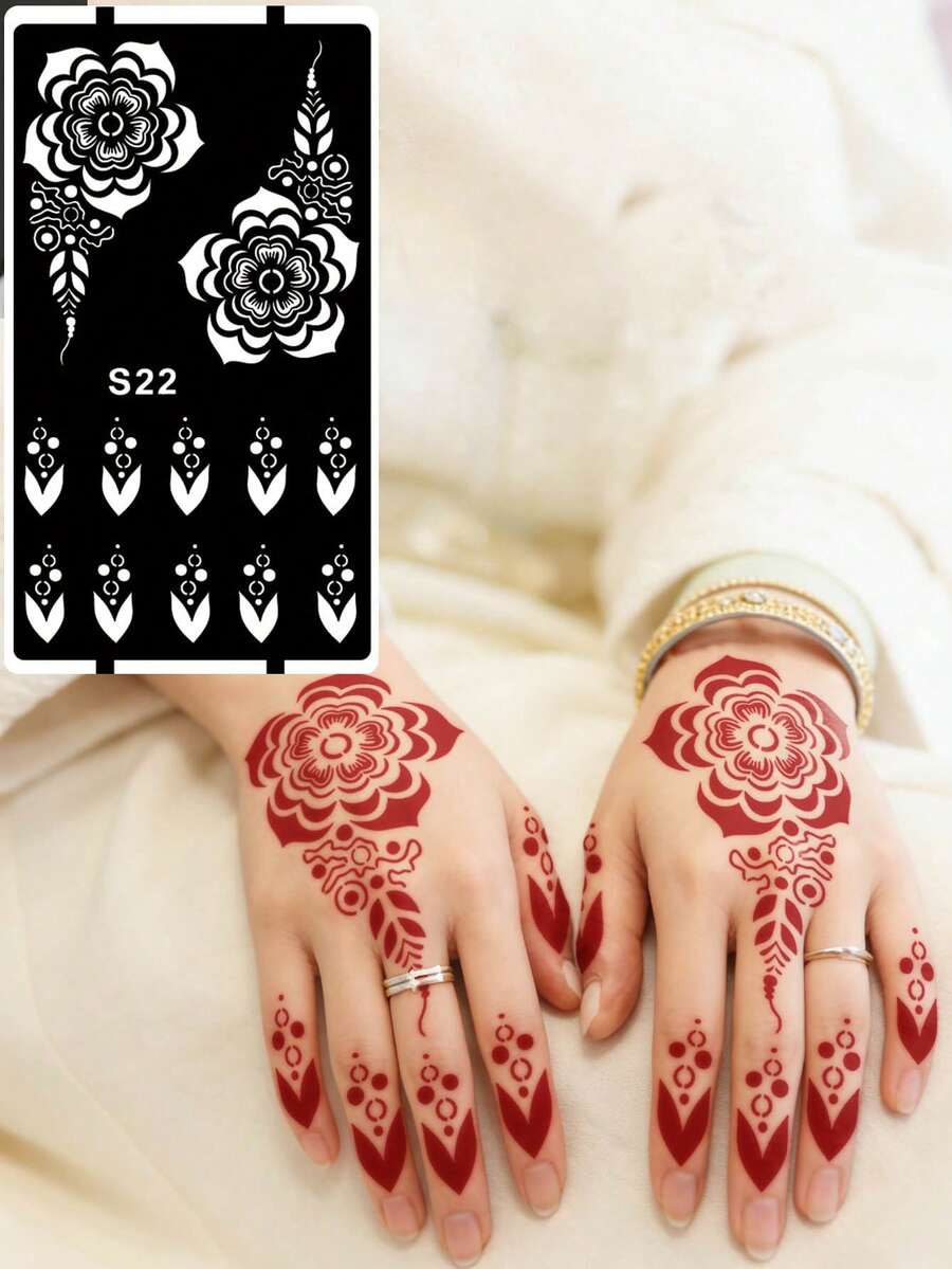 Hana Hand-Drawn Hollow Floral Tattoo Stencil - Sexy Floral Pattern, Suitable For Hands, DIY Painting, Ink, Reusable Mandala Design Template Stickers, Suitable For Women Body Party Makeup - Black - View 1