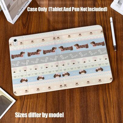 Vintage Girlish Striped Design With Adorable Dachshunds, Heart-Shaped Paw Prints, Bones And Little House Motifs. Enhanced With Layered Lace Trims And A Soothing Pastel Pink & Blue Color Scheme, Exuding Delicate, Cozy And Girlish Charm. Book-Style Foldable Stand For Multi-Angle Viewing/Writing, Built-In Pencil Slot, And Full-Edge Shockproof Snug Fit, Perfectly Balancing Aesthetic Appeal And Practicality