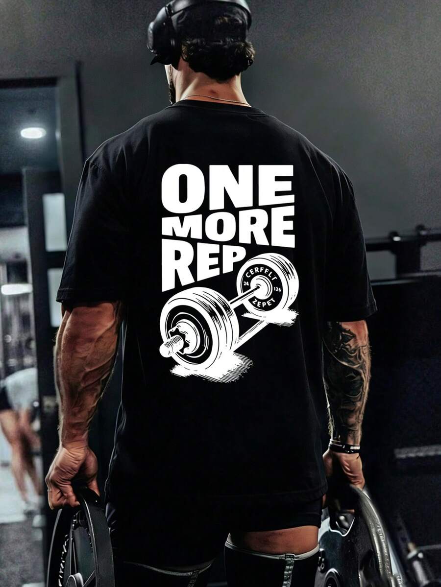 男士“再来一次”印花圆领短袖T恤，健身T恤，舒适透气，适合日常穿着和户外运动，夏季款 - 黑色 - 查看 1