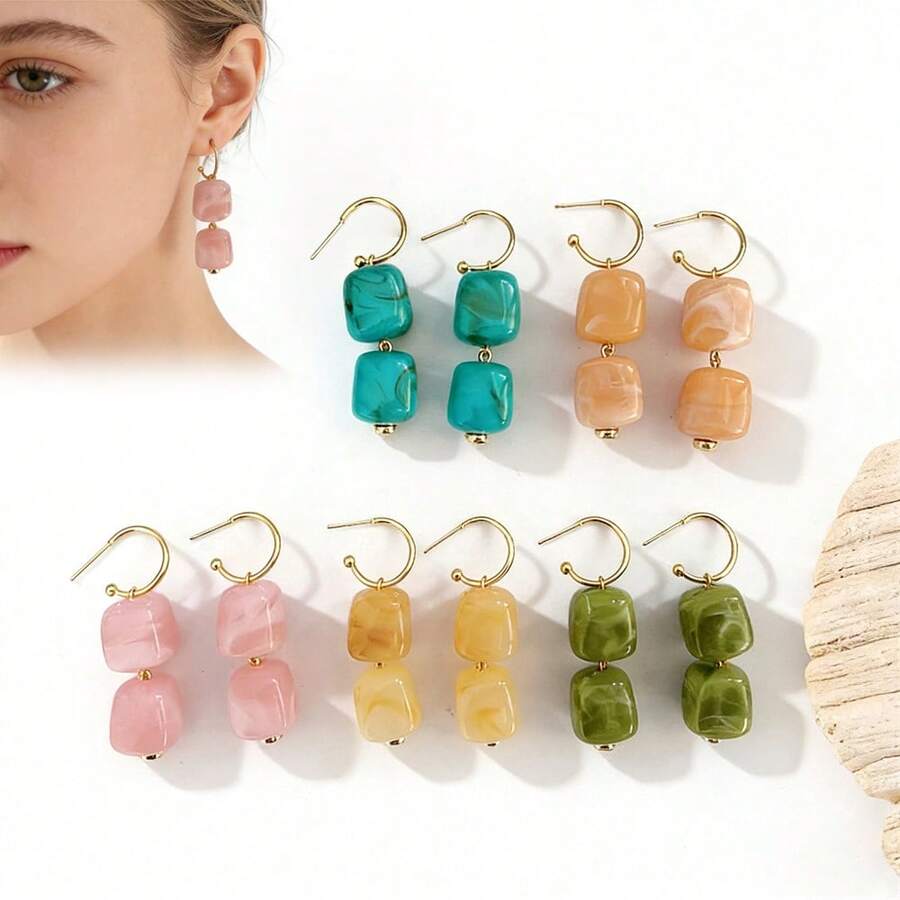 BMOR 1对法式复古奶油杏仁色和日落橙色亚克力仿天然石吊坠耳环，适合女士派对佩戴 - 方吊墜 - 查看 1