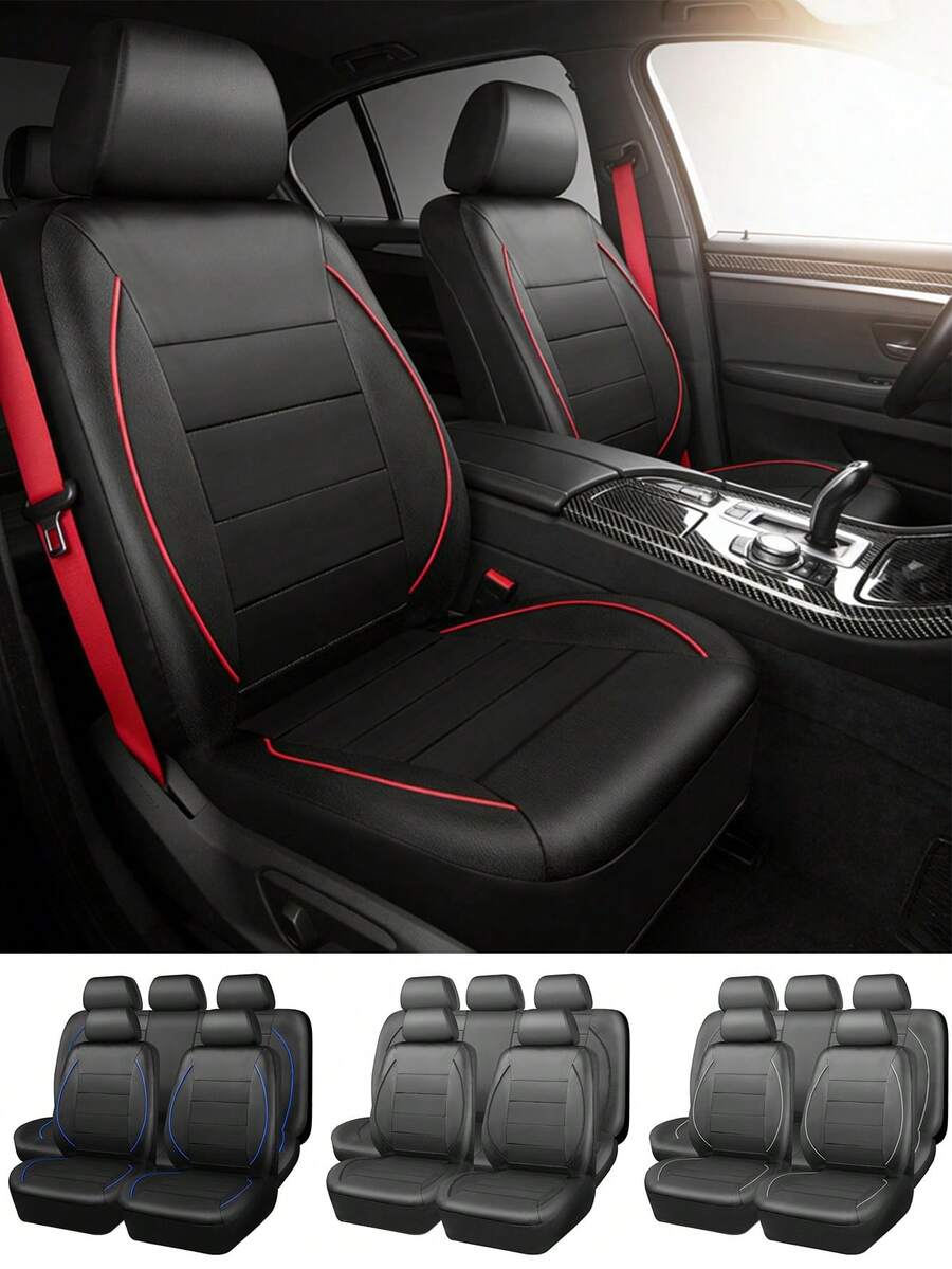 9pcs/4pcs (5 Seats/2 Seats) Universal Genuine Leather Car Seat Covers With Zipper Design And Air Bag Compatibility, Elegant And Stylish - Style a - View 1