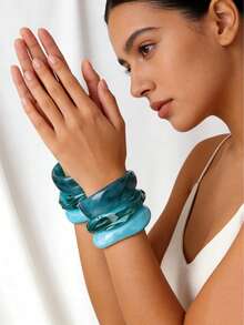 Juego de 3 pulseras acrílicas de estilo océano azul, combinación elegante y sencilla de pulseras con efecto tie-dye, se pueden usar apiladas o por separado, muy adecuadas para el uso diario y las vacaciones - Azul - Ver 3