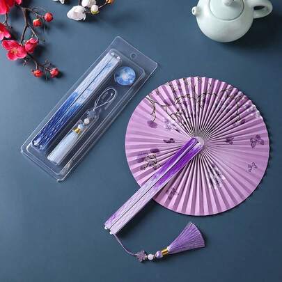 1把折叠纸扇，复古梅花圆扇，汉服旗袍配饰，便携式流苏扇