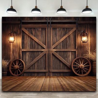 乡村谷仓门照片背景，配有马车轮和粗麻布，以及乡村主题室内背景横幅，适用于婚礼、生日、周年纪念日和母亲节，也非常适合用作各种节日的横幅背景。多种尺寸和场景可供选择。
