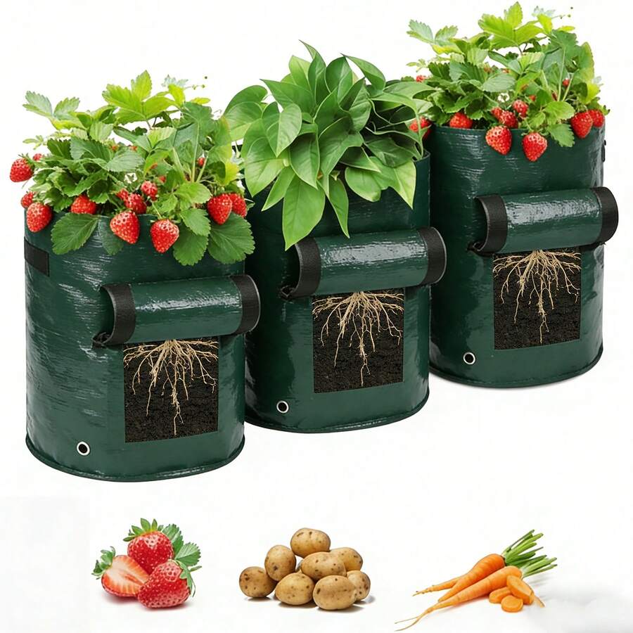 Bộ 3 túi trồng khoai tây dung tích 3/5/7 gallon, thích hợp trồng khoai tây, cà rốt, cà chua, dưa chuột và các loại rau khác, có nắp lật và tay cầm. - màu đen - Xem 1