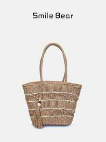 波西米亚风条纹草编手提包，带流苏 | 沙滩度假手提包 - 彩色 - 查看 3